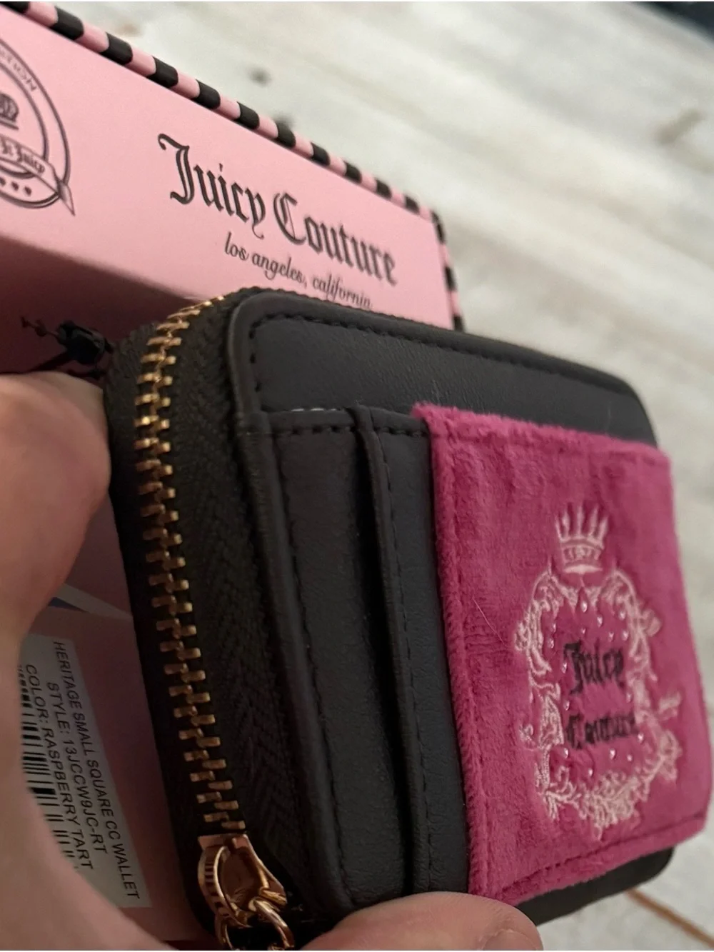 Juicy Couture Pink Velvet and Black Faux Leather Card Wallet